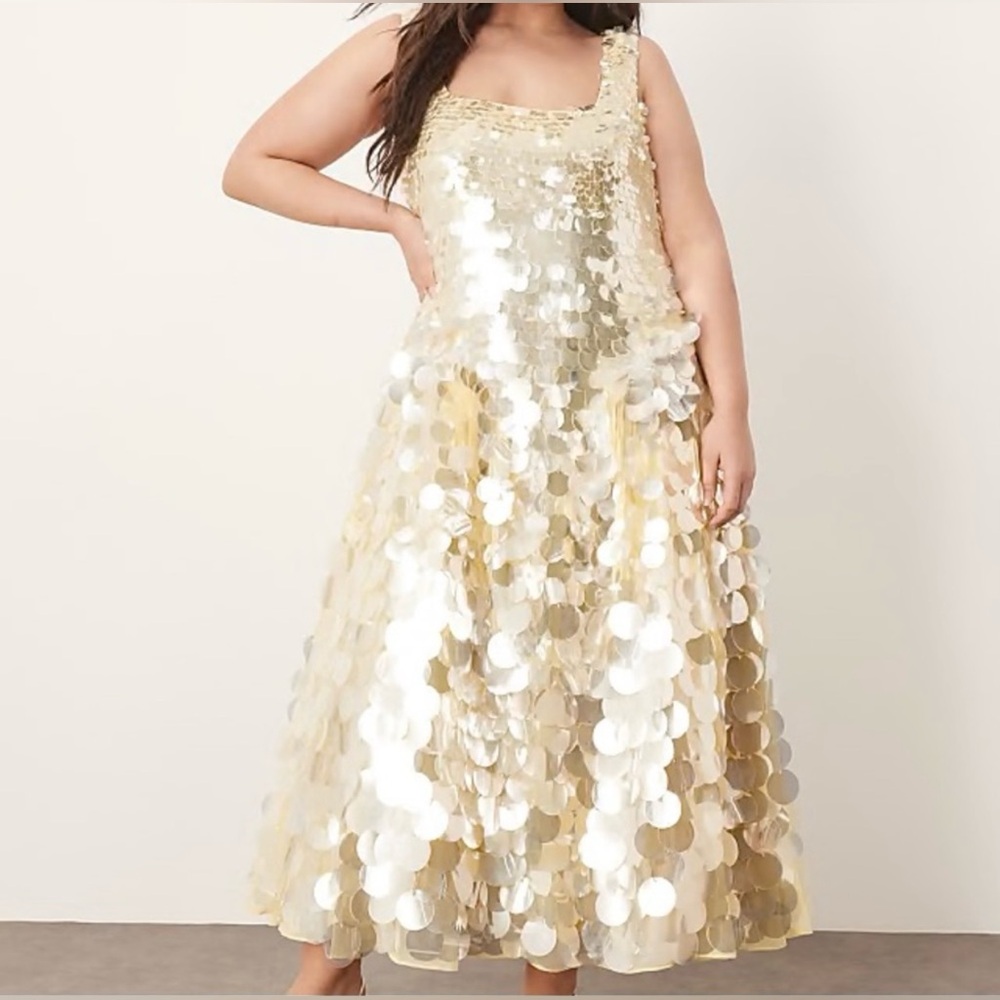 ASOS Curve Arrange Embellished Disc Sequin Lemon Square Neck Midi Dress